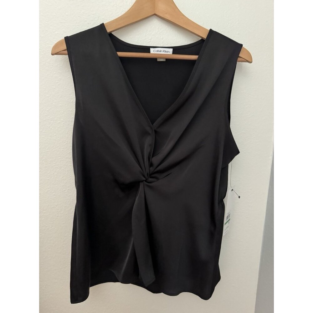 NWT Calvin Klein Twisted Surplice Top Blouse Black Career  Sleeveless VNeck Sz L